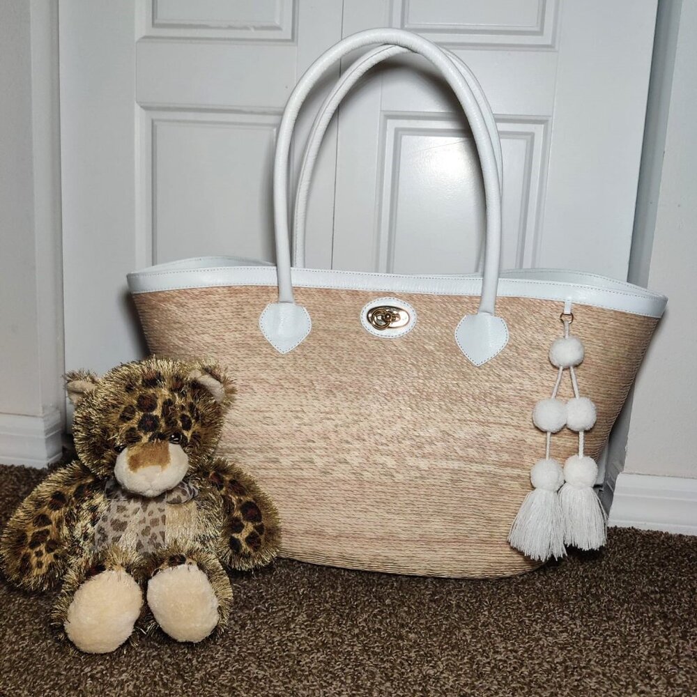 By Del Rio palm leaf handmade, sustainable white leather  beach tote bag